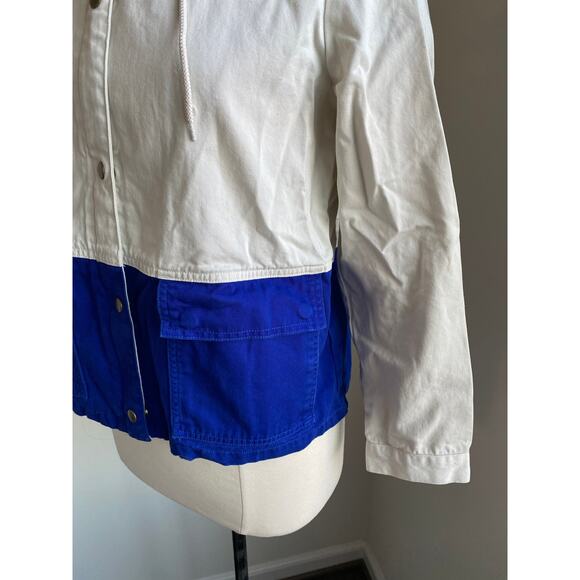 J. CREW Canvas Anorak Jacket Womens Sz XS Blue Cream Hooded Preppy Color Block - Picture 5 of 8